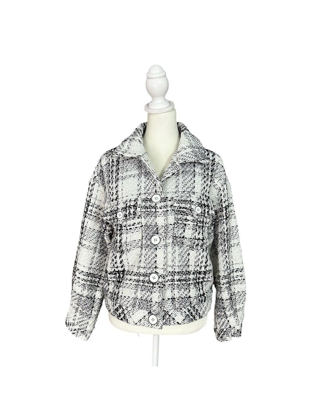 Cache Plaid Tweed Metallic Lined Button Up Jacket Black & White Size Medium